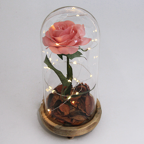 M-PP-00028 (36) Роза в стеклянной колбе с LED на деревянной подставке, 20см