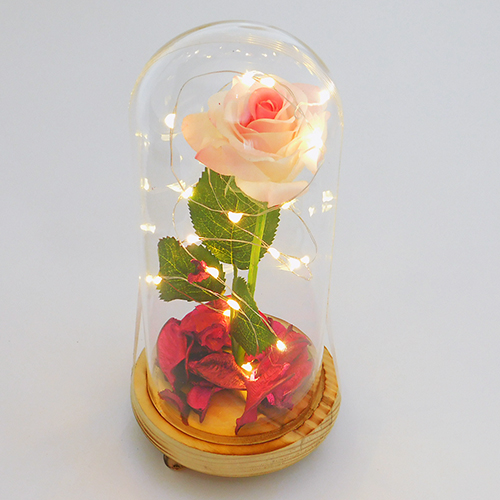 M-PP-00030 (36) Роза в стеклянной колбе с LED на деревянной подставке, 20см
