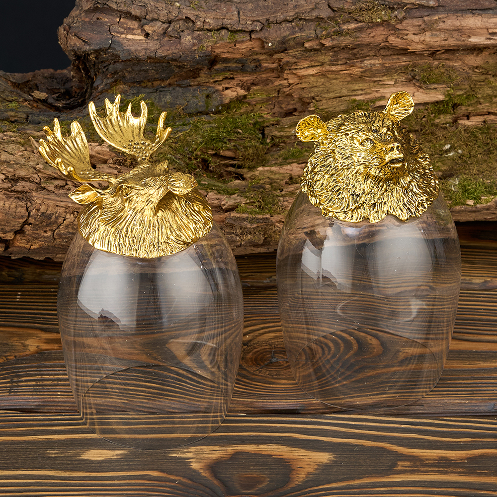 M-7324 (24) Набор из 2-х бокалов для виски Медведь и Лось 24K Gold Color Plated 350 мл, 7,5х7,5х13см