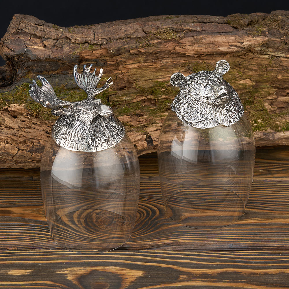 M-7325 (24) Набор из 2-х бокалов для виски Медведь и Лось 18K Silver Plated, 350 мл, 7,5х7,5х13 см
