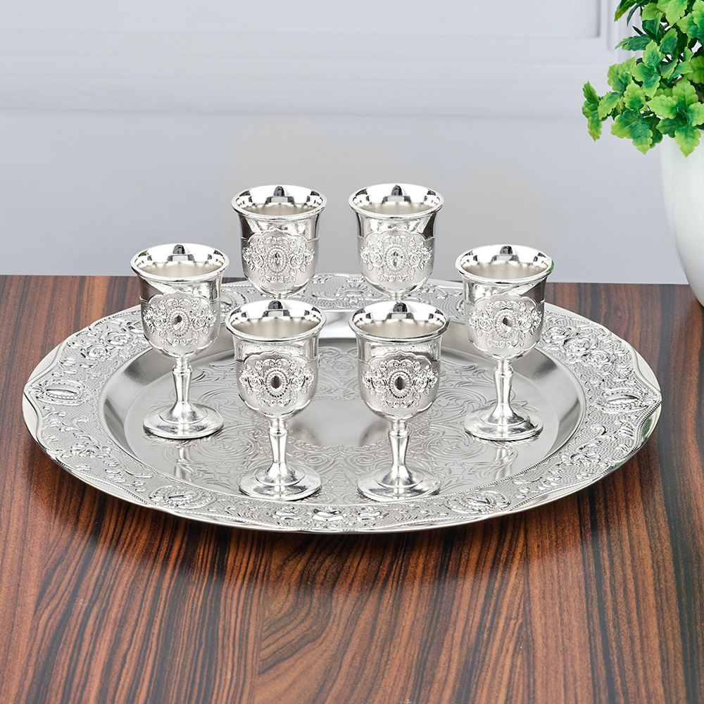 M-YW-5339 (30) Набор из 6 рюмок на подносе, 35 мл., 18K Silver Plated, 4,5х4,5х7,5/25х25х1,5 см.