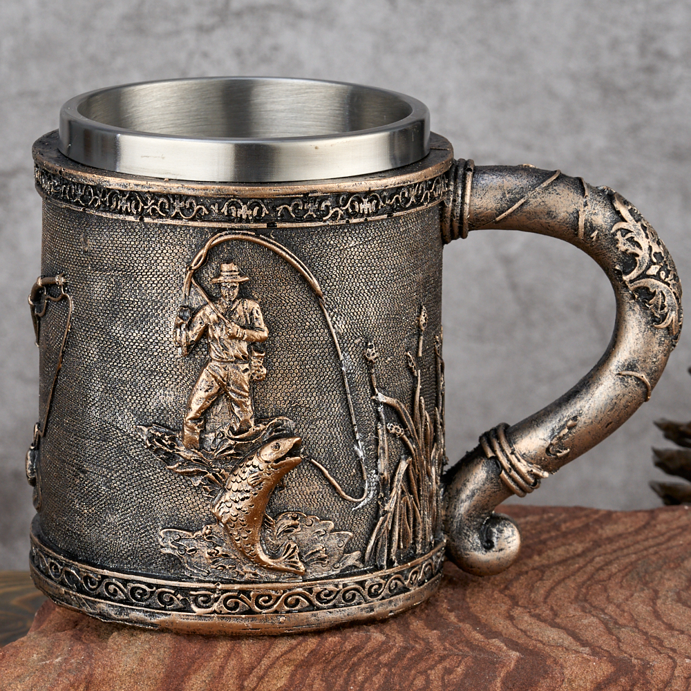 M-YW-21839 (36) Кружка "Рыбак", нержавеющая сталь/искусственный камень, 430 мл., 15,5х11х1