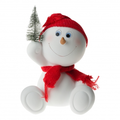 LR-1418 (16) 14*10*20см. Снеговик в шапке и шарфе с елкой, из полистоуна
